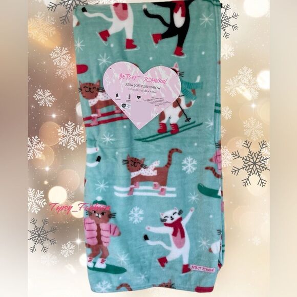 Betsey Johnson Christmas Cats Kittens Oversized Throw Blanket New - Picture 2 of 3
